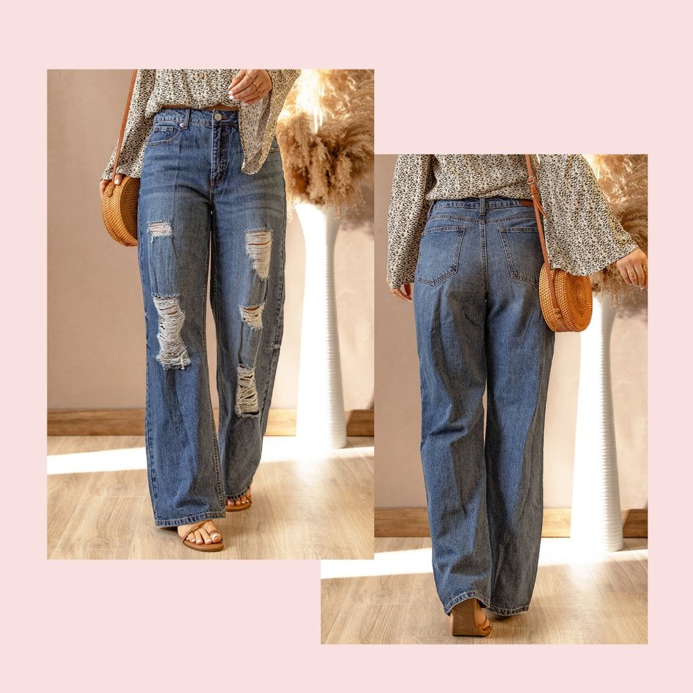 Relaxed Distressed Wide Leg Jeans NWOT